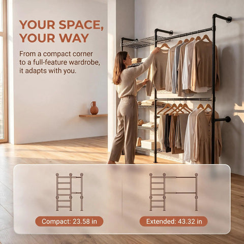 Heavy Duty Wall Mounted Industrial Pipe Closet Rack Featuring Six Generous Shelves And Two Sturdy Bars Built Different To Save Space And Expand Easily In Deep Black, displayed with clothing.
