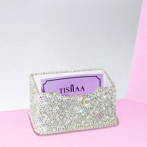 Blinged Out Business Card Holder Stand For Desk And Office, Crystal Rhinestones, White Glitter Display, Luxury Card Organizer on pink