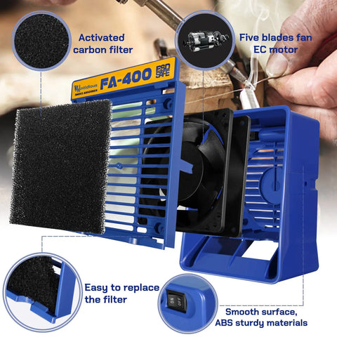Portable Soldering Fume Extractor Anti ESD Smoke Absorber with activated carbon filter and blue ABS housing