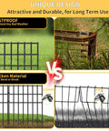 Comparison image showing rustproof Heavy Duty No Dig Garden Fence Kit 25 Pack 17 Inch High contrasting with rusty metal fence.