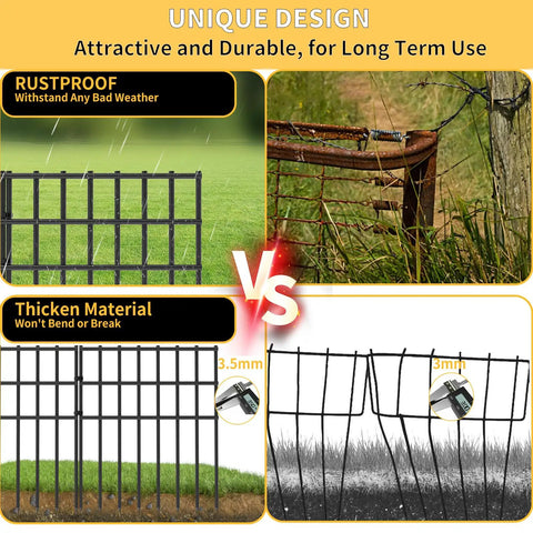 Comparison image showing rustproof Heavy Duty No Dig Garden Fence Kit 25 Pack 17 Inch High contrasting with rusty metal fence.