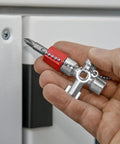 All-in-One Universal Control Cabinet Key for Gas, Water and Electric Shutoffs, hand holding key near cabinet lock