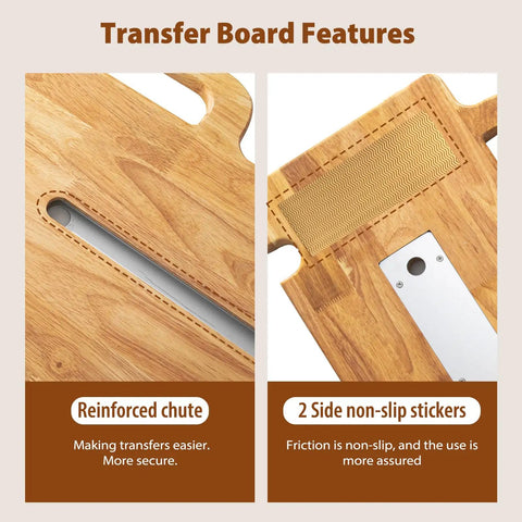 Close-up of Heavy Duty Slide Transfer Board With Swivel Turntable, showing reinforced chute and non-slip stickers for easy patient transfers.