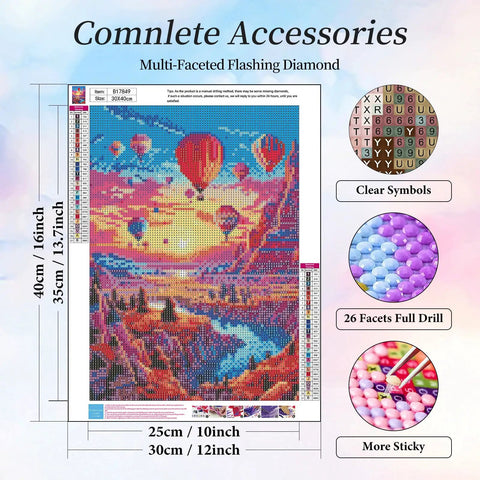 Hot Air Balloon Diamond Painting Kit For Beginners 5D Sunset Landscape With Mountains And Lake, Full Round Drill Art 12x16 Inch
