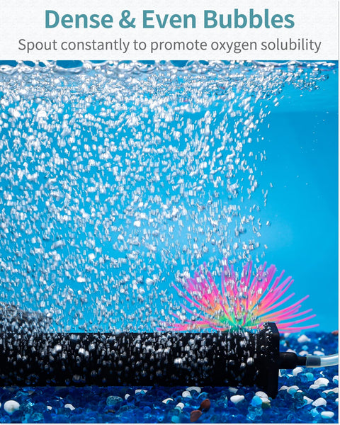 16 Inch Air Stone Cylinder Diffuser creating dense bubbles in aquarium, enhancing oxygen solubility with vibrant underwater scene