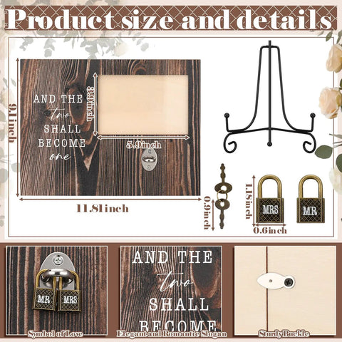 Top Tier Wooden Picture Frame For Wedding Unity Ceremony With Sweet Retro Love Locks And Keys Fits 4X6 Photos size and detail image.