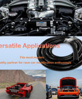 Beefy High Temp Silicone Vacuum Hose For Automotive Five Sixteenth Inch ID 8mm 5 Feet Long Black Tubing Handles Up To 130 PSI Max Durable Heat Resistant Vacuum Tubing For Boosters Intake Manifold PCV And More coiled with a car engine background.