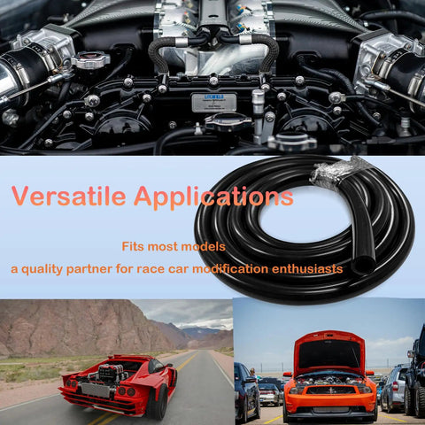 Beefy High Temp Silicone Vacuum Hose For Automotive Five Sixteenth Inch ID 8mm 5 Feet Long Black Tubing Handles Up To 130 PSI Max Durable Heat Resistant Vacuum Tubing For Boosters Intake Manifold PCV And More coiled with a car engine background.