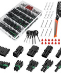 Waterproof Automotive Electrical Connector Kit With 367 Pieces Across 20 Sets Including 1 2 3 4 6 Pin Male And Female Terminals For 22 To 14 AWG Wire Harnesses Plus Crimping Tool With Easy Setup And Quick Connectors. Assorted black PA66 connectors, brass terminals, seals, and crimp tool