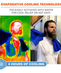 Man using Cooling Towel 6602 with water activated instant cooling relief, wearing blue towel over neck for evaporative cooling.