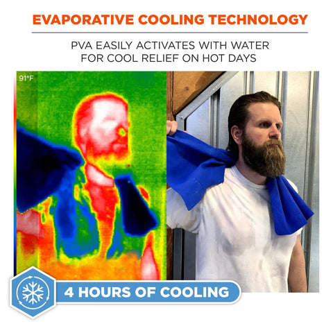 Man using Cooling Towel 6602 with water activated instant cooling relief, wearing blue towel over neck for evaporative cooling.