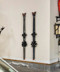 Clear Acrylic Ski Wall Mount 2 Pack Vertical Storage Rack Indoor Display Holder Heavy Duty Snow Gear Hanger displaying skis on garage wall.