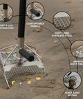 Beach Metal Detecting Sand Scoop in Stainless Steel with carbon fiber handle on sand, showing construction details and coins.