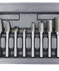 YUFUTOL 8-piece carbide burr set with 1/4 in shanks; double-cut solid carbide bits in a gray case.
