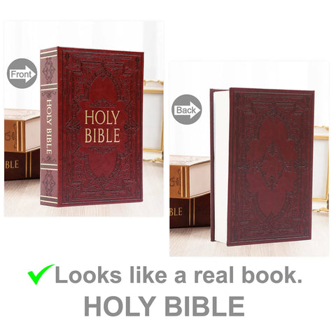 Front and back view of Discreet Bible Themed Diversion Safe With Real Pages 9.3 By 6.1 By 2.3 Inches Hidden Money Box.