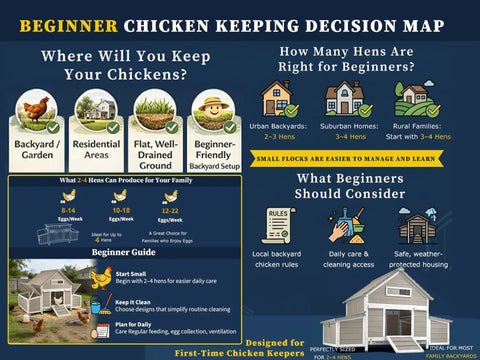 Beginner chicken keeping decision map with choices for backyard setup, number of hens, and considerations for beginners.