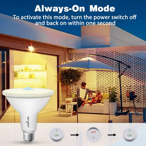 Outdoor Flood Light Bulbs Motion Activated PAR38 LED With Dusk To Dawn Sensor lit patio scene with instructions