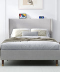 Built Different Full Size Bed Frame With Soft Linen Headboard And Usb Charging Ports Sturdy Metal Platform Base Raising Sleep Standards For A Cozy Bedroom Vibe Without Box Spring Stress In Slate Grey in a modern bedroom setting.