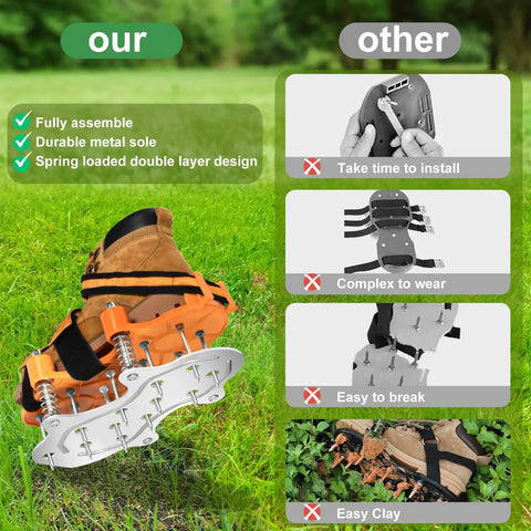 Lawn Aerator Shoes With Double Layer Spring Design And Aluminum Base For Effortless Yard Aeration No Mess On Your Shoes Great For Patio And Garden Sessions In Orange, comparison illustration with competitor products