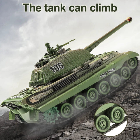Remote Control King Tiger Tank Toy For Kids Dope 1:28 Scale 9 Channel RC Military Vehicle with climbing feature displayed on rocks.