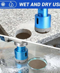 ACFAN diamond hole saw kit, blue 12-piece set for tile and stone; drilling a round hole in granite countertop.