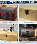 Antique Black Small Hasp Latch Set For Jewelry Box Cabinet And Toolbox, showing varied uses on boxes and handbag