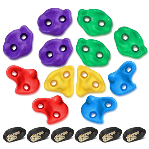 Colorful resin holds with ratchet straps from Ninja Tree Climbing Holds Set For Kids And Grownups, 3 shapes, for obstacle courses