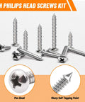 Stainless Steel Screw Set With Black Finish Pro Grade Multi Size Assortment From Four To Twelve Phillips Pan Head Self Tapping Screws For Wood And Metal Lengths From One Quarter Inch To One And A Half Inch Rust Resistant For Indoor Outdoor.