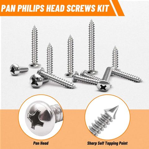Stainless Steel Screw Set With Black Finish Pro Grade Multi Size Assortment From Four To Twelve Phillips Pan Head Self Tapping Screws For Wood And Metal Lengths From One Quarter Inch To One And A Half Inch Rust Resistant For Indoor Outdoor.