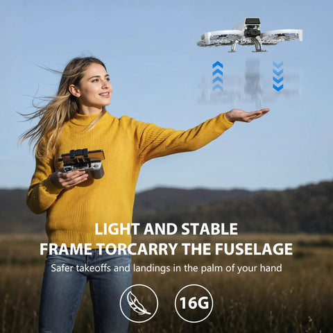 Person holding remote and drone with Foldable Height Extended Landing Gear For Flip Drone Accessories A Tough Kickstand visible in air