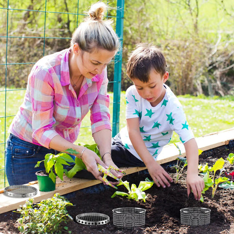 Mother and son gardening with 2 Pack Underground Worm Composting Bin Set Durable Metal Wire Bins in a raised bed