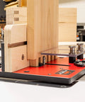 Pro Grade Box Joint Jig For Router Tables With Aluminum Indexing Keys And Smooth Bearing Glide System Includes One Quarter Inch, Three Eighths Inch, And One Half Inch Keys And Baltic Birch Fences For Precise Drawer And Box Joints on a router table
