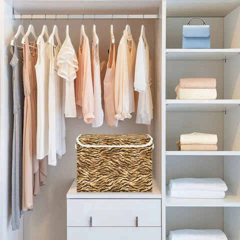 Collapsible Storage Bin With Flip Top Lid And Carry Handles For Bedroom Organization Straight Up Solid 300D Oxford Fabric Crate Folds Flat in closet with hanging clothes.