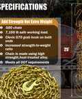 G80 Transport Chain Three Eighths Inch By Twenty Five Foot With Clevis Grab Hooks Heavy Duty Tow Chain For Hauling And Vehicle Recovery 7100 Lbs Safe Working Load Durable Alloy Steel Chains For Professional Towing shown with specifications and image of coiled chain.
