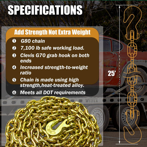 G80 Transport Chain Three Eighths Inch By Twenty Five Foot With Clevis Grab Hooks Heavy Duty Tow Chain For Hauling And Vehicle Recovery 7100 Lbs Safe Working Load Durable Alloy Steel Chains For Professional Towing shown with specifications and image of coiled chain.