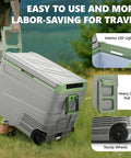 Massive 58 Qt Portable Car Refrigerator And Electric Cooler With 12V Plug And Play Setup shown being pulled with sturdy wheels.
