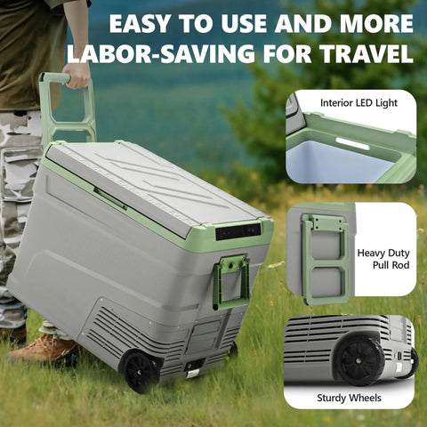 Massive 58 Qt Portable Car Refrigerator And Electric Cooler With 12V Plug And Play Setup shown being pulled with sturdy wheels.