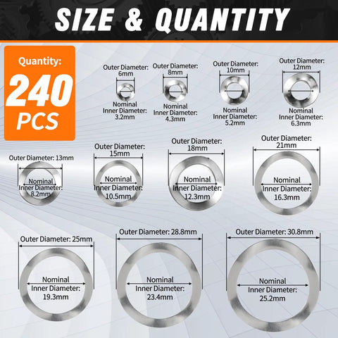 Badass Rock Solid 240 Piece Wave Washer Assortment Kit Using M3 To M25 Metric Sizes Made From Top Shelf 304 Stainless Steel diagram of sizes and dimensions
