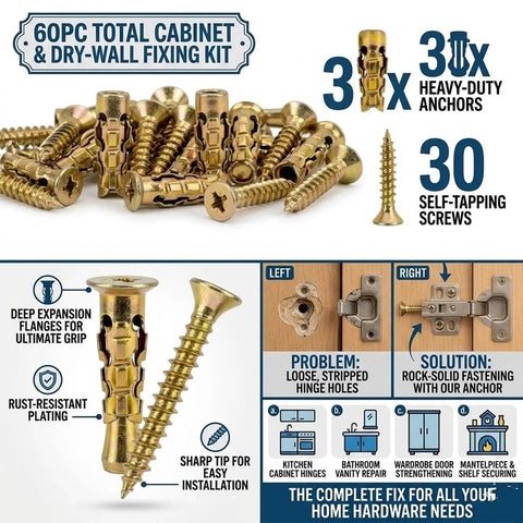 6x14mm Door Hinge Repair Screws Kit For Wobbly Cabinets And Sagging Doors With Expansion Anchors, 60-piece set