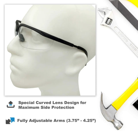 Mannequin wearing Three Pair Bifocal Safety Reading Glasses Set With Assorted Color Frames Including Clear Black And Yellow Lenses Side Cover Diopter Plus 1.50 ANSI Z87 Certified UV400 Protection Curved Polycarbonate Impact Resistant Lenses, shown with tools for size context.