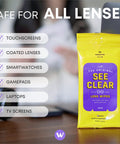 Front view of See Clear Original Lens Wipes in yellow resealable pouch with purple label, 16 towelettes.