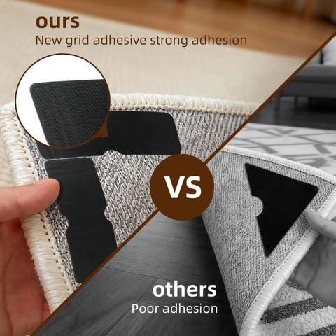 Comparison of Eight Pack Non Slip Rug Grippers For Area Rugs Double Sided Rug Pads Corner Tape For Hardwood Floors Tile And Laminate Easy Peel And Stick Low Profile Edges Strong Adhesive No Damage Removable Carpet Stickers showing difference in adhesion performance
