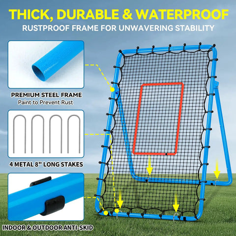Adjustable Volleyball Rebounder Net 7x4 Ft With PU Volleyball And Stakes for quick recovery practice, shown with rustproof frame and stakes.
