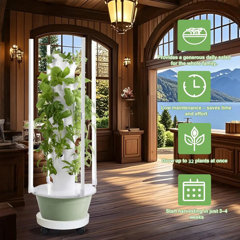All In One Vertical Hydroponic Garden Tower With LED Grow Lights, Eight Levels, Thirty-Two Large Pods in a cozy indoor space