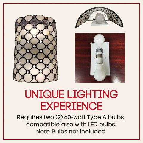 Classic Tiffany Style White Jeweled Two Light Stained Glass Wall Lamp For Hallway Bedroom And Living Room Vintage Antique Decor 10 Inch Wide By 13.5 Inch Tall With Up And Down Lighting Eye Catching Accent showcasing lamp components.