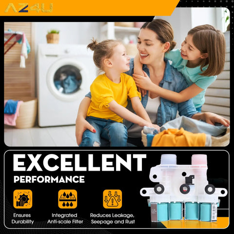 Washer Water Inlet Valve Replacement 120 V 60 Hz For Top Load Washers with family in laundry room, focus on valve design.