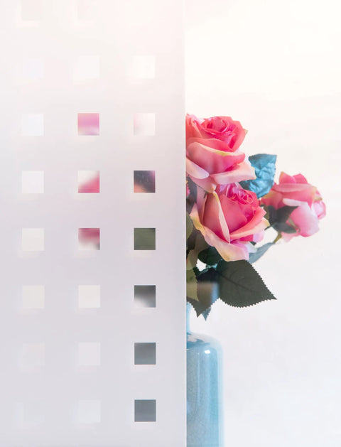 Privacy Window Film With Reusable Static Cling Transforms Glass Surfaces From Windows To Doors And Showers Repositionable And Removable Adds Personal Style And Privacy On Point 17 By 59 Inch Roll showing decorative pattern on glass with roses behind
