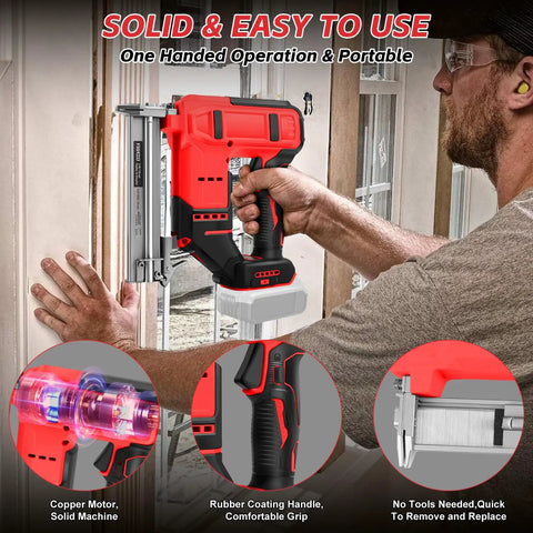Pro Grade Cordless Brad Nailer Driven By A Badass Brushless Motor And Built Hella Tough Delivers Dead Straight Shots Compatible With 18V Batteries But Skips The Pack So You Dodge Markup And Hammer Wood Like A Real Pro, being used one-handed on wood.