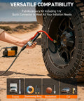 Beefed Up Heavy Duty Tire Pressure Gauge With Inflator And Dual Head Chuck in use on vehicle tire, desert background.