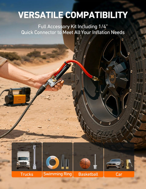 Beefed Up Heavy Duty Tire Pressure Gauge With Inflator And Dual Head Chuck in use on vehicle tire, desert background.